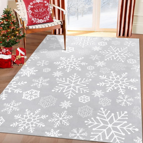 Flarhetoric Machine Washable Christmas Area Rug 3x5 ft – Non-Slip Snowflake Holiday Carpet, Low Pile & mark Resistant for Living Room, Bedroom, Entryway – Gray Tone (91x152cm, USA)