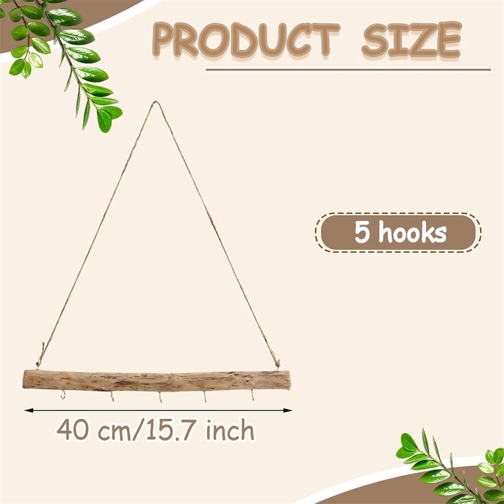 HXRH 2Pcs Driftwood Wall Hanging Jewelry Hanger 16 InchRustic Wood Hanger Tree Branch Jewelry Organizers with 5 Hooks Decor Craft