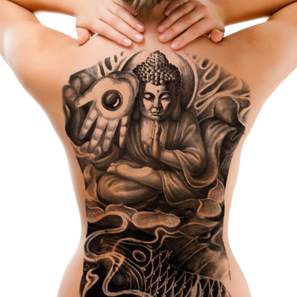 Adhesivo Impermeable De Espalda Completa Arte falso tatuaje Buda estatua cuerpo grande tatuaje dragón pez para niños niñas amante Ndcxsfigh Libre de BPA