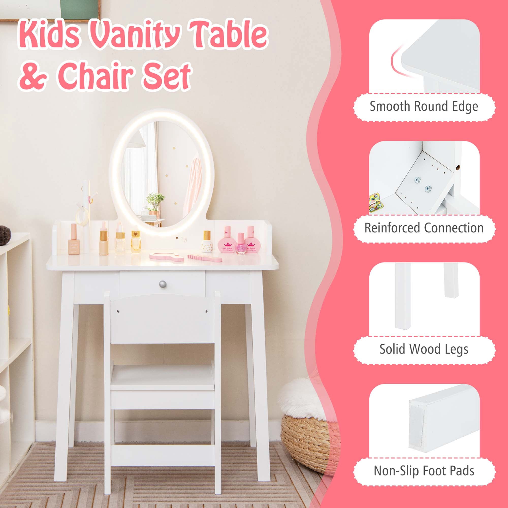 Costway Kids Vanity Set with Lighted Mirror Chair 2-Color LED Lighting for Girls Makeup White