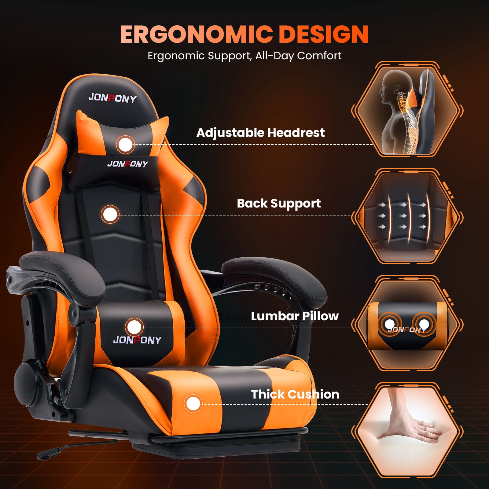 JONPONY Big and Tall 500LBS Gaming Chair, Ergonomic Design, Gamer Chair PU Leather with Footrest and Lumbar Support, High Back Office Chair Support, Long Sitting Computer Chair, Orange
