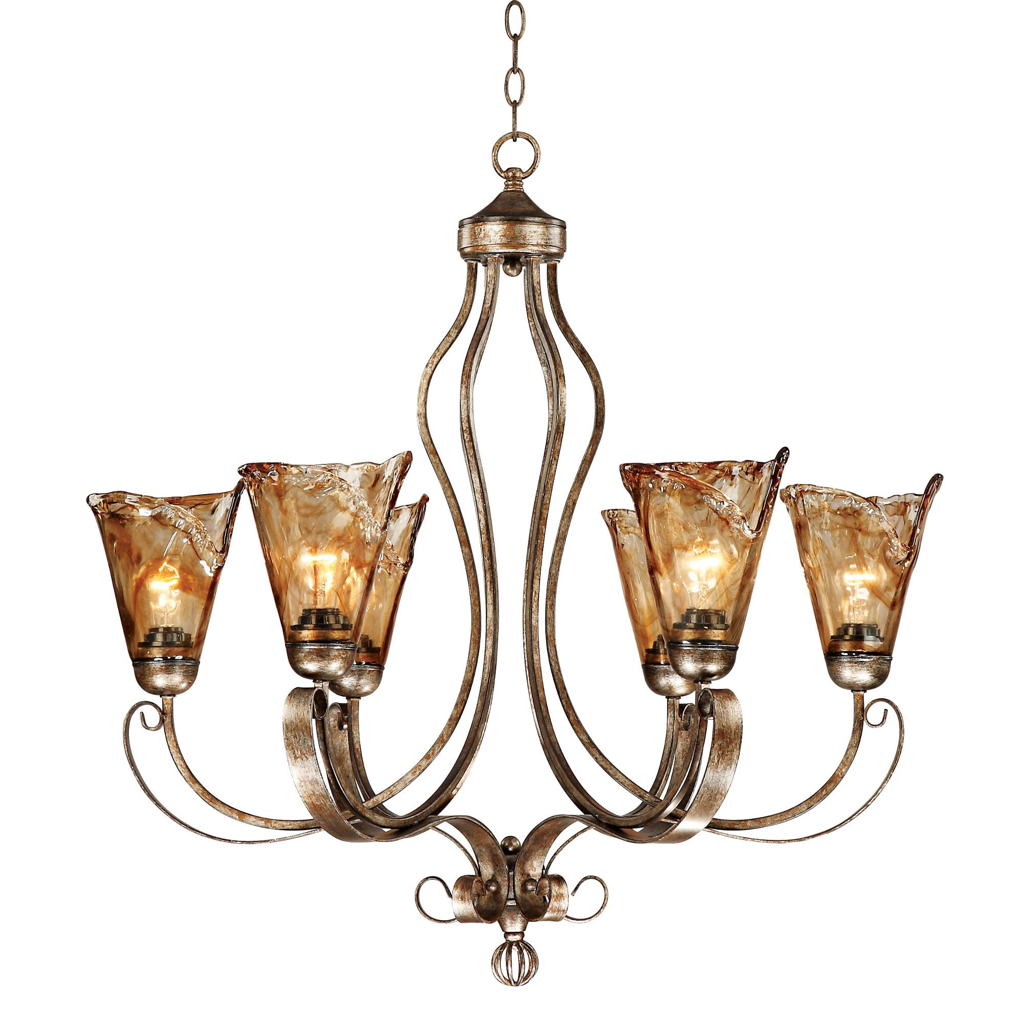 Franklin Iron Works Amber Scroll Golden Bronze Large Chandelier 31 1/2" Wide Rustic Art Glass 6-Light Fixture for Dining Room House Kitchen Island