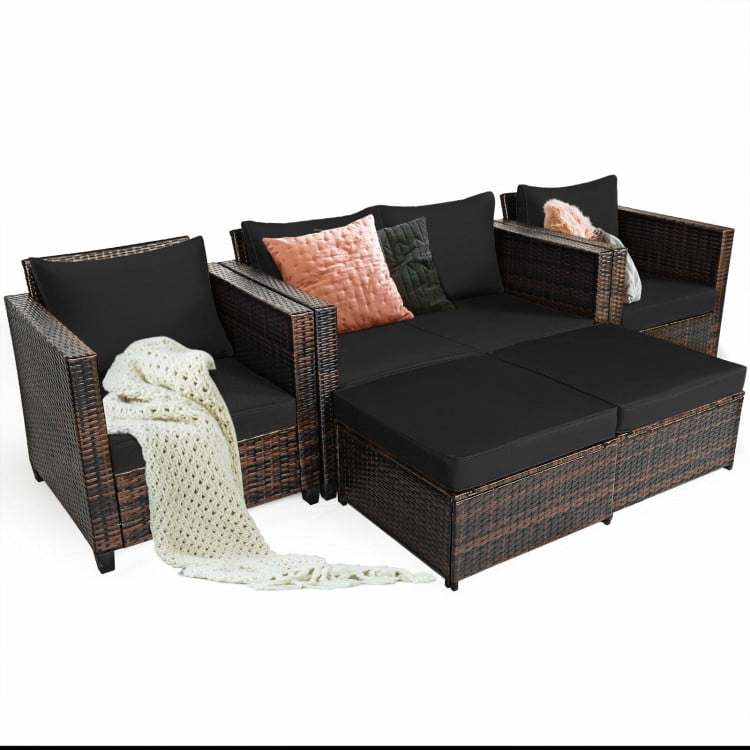 Aimee Lii 5 Pieces Patio Cushioned Rattan Furniture Set, Rattan Outdoor Furniture, Black Aimee Lii 5 Pieces Patio Cushioned Rattan Furniture Set, Rattan Outdoor Furniture, Black
