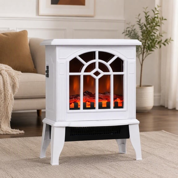 18 in Freestanding Electric Fireplace Heater with Realistic Flame Overheating Protection Plastic White