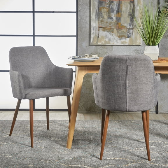 Set of 2 Mid Century Modern Fabric Upholstered Dining Chairs, Light Grey and Dark Walnut, Armchairs for Kitchen and Living Room