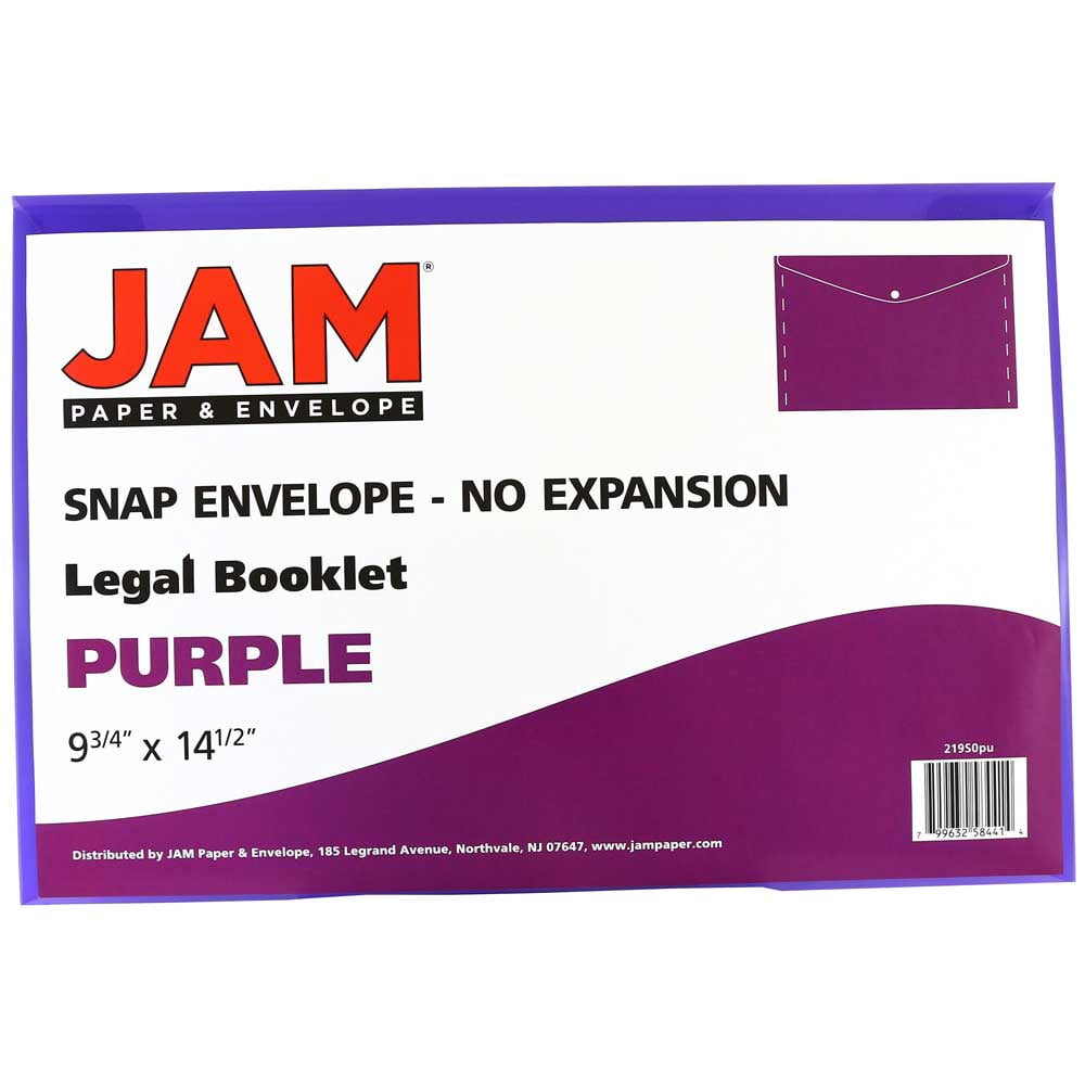 JAM Paper Plastic Envelopes with Snap Closure, Legal Booklet, 9 3/4 x 14 1/2, Purple, 3/Pack