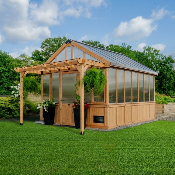 Backyard Discovery Bellerose XL 13'x11' Cedar Wood and Polycarbonate Greenhouse, Pergola