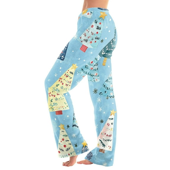 Women's Christmas Printed Plush Casual Pants with Drawstring Elastic Waist, Long Trousers for Home and Casual Wear, Comfortable Design,Sky Blue,XS