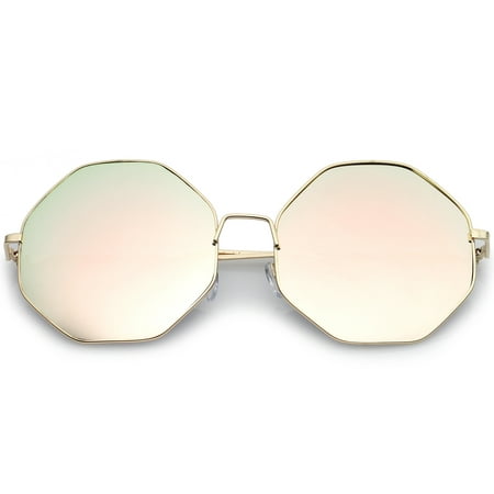 sunglassLA - Oversize Metal Frame Slim Temple Pink Mirror Lens Hexagon Sunglasses 63mm - 63mm