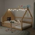 thumbnail image 6 of Full Size Floor Bed for Kids: Wood Montessori Bed with Fence Guardrail, Full House Bed Frame with LED & Window Design for Boys Girls - Natural, 6 of 9
