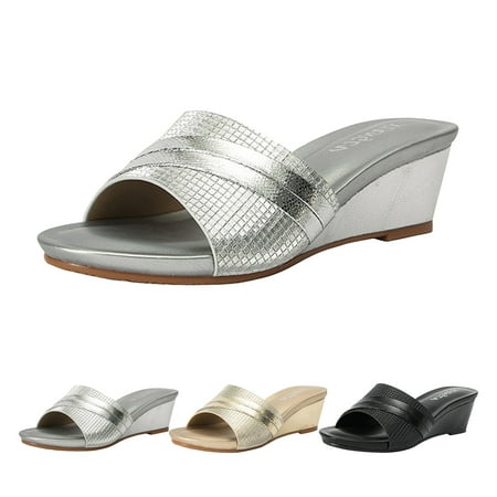 

PEASKJP Comfortable Sandals for Women Summer Women Wedge Heel Lightweight Round Toe Casual Slippers Platforms Arch Support Slip on Flat Sandals Gold 7