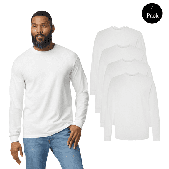 Gildan Heavy Cotton Long Sleeve T-Shirt for Men, Crew Neck Classic Fit Bulk Tee, White, S, 4 Pack