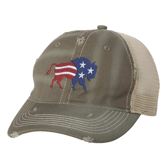 American Bison Hat - Distressed Flag Design - Vintage Bison Trucker Hat Strapback (Olive)