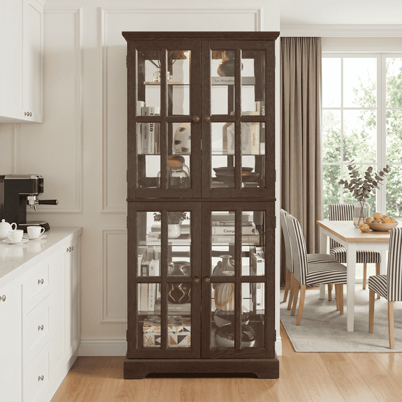 CKEASEAN 69"H Glass Curio Display Cabinet, Classic Storage Cabinet with 4 Glass Doors & Adjustable Shelves, Light Bulb Included, Vintage Accent Cabinet with E26 Bulb Included for Living Room/Office