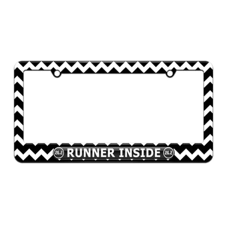 26.2 runner inside - License Plate Tag Frame - Black Chevrons Design