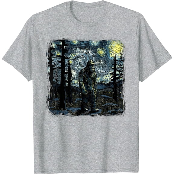 Bigfoot Starry Night Sasquatch Van Gogh Sky Painting Art Unisex T-Shirt for Men Women Kids Toddler
