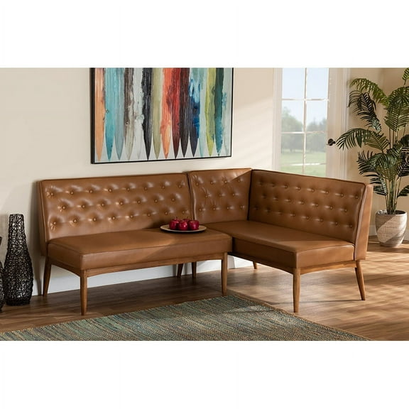 Baxton Studio Riordan Mid-Century Modern Tan Faux Leather Upholstered and Walnut Brown Finished Wood 2-Piece Dining Nook Banquette Set