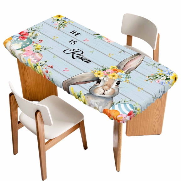 Easter Table Cloths for 4 Foot Rectangle Tables, Spring Farmhouse Bunny Flower Blue Wood Grain Patio Waterproof Elastic Fitted Tablecloths, Washable Rectangular Table Cover for Camping