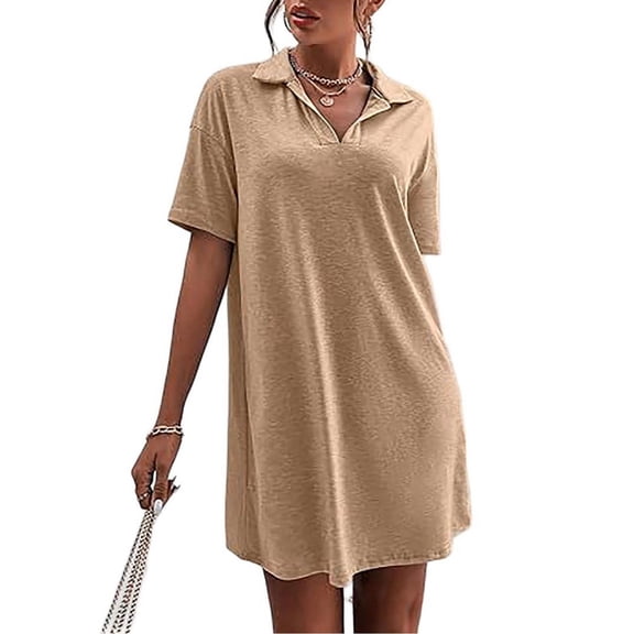 Women Summer V-Neck Dress Summer Short Sleeve Loose Fitted Casual Collared T-Shirt Dress Khaki M