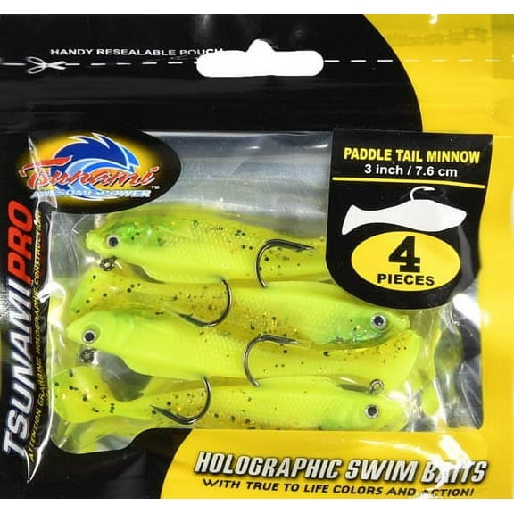 Tsunami Paddle Tail Minnow Fishing Lure – 3" Chartreuse/Gold, 4-pack