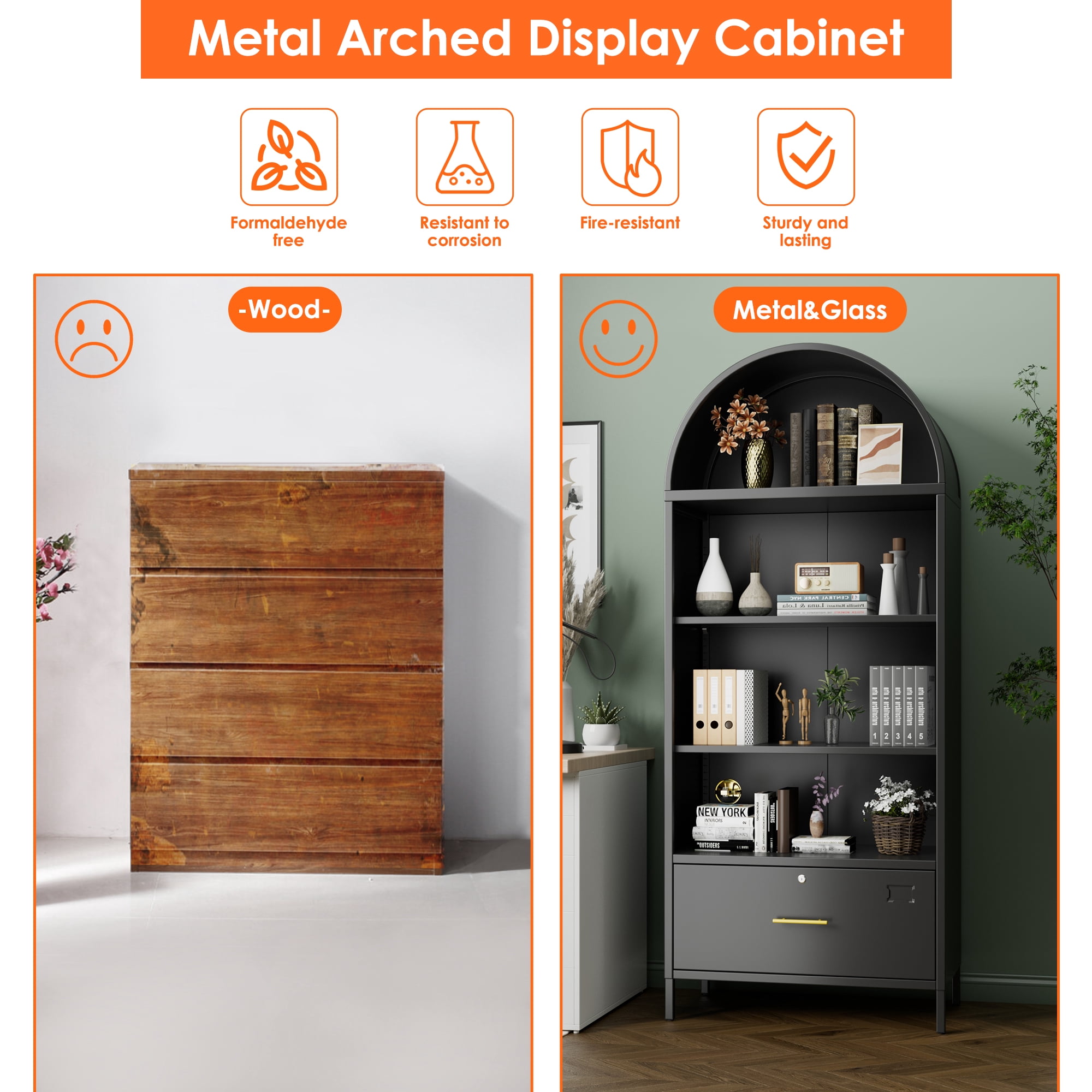 Aobabo Metal Arched Bookshelf Cabinet with Lockable Drawers,Arch Display Bookcase File Cabinet with Shelves for Home Office Living Room Black,Assembly Required