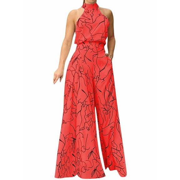 Dressy Jumpsuits for Women Evening Party Wedding Guest Plus Size Sleeveless Rompers Wide Leg Long Pants Red S