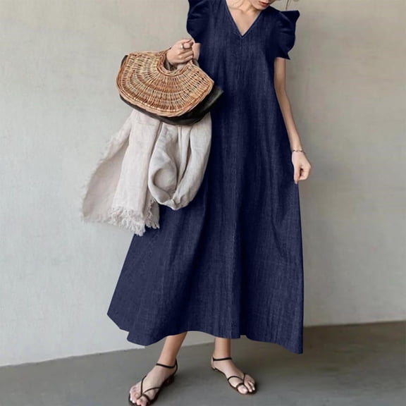 ClodeEU Women's Denim Flutter Sleeve V Neck Loose Fit Dress ,Casual Chic Midi Dress for Work and Daily Wear Dark Blue,Womens Plus S