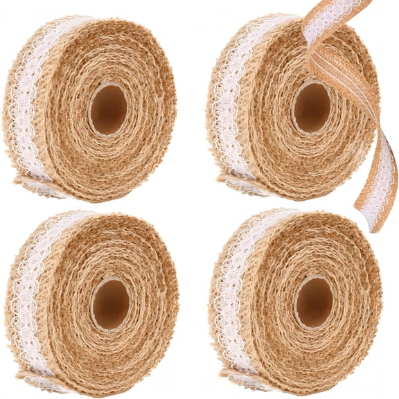 AUQ 20 Yards Burlap Ribbon with White Lace Trims Tape,Rustic Natural Jute Burlap Ribbon Roll,for DIY Crafts Vintage Wedding Party Favor Fall Holiday Tree Decorations and Gift Wrap