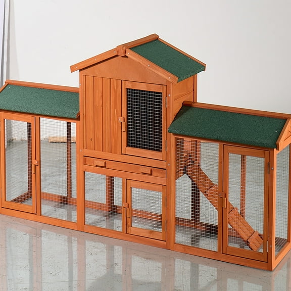 Zephypaws 90" Wooden Rabbit Hutch,Bunny Cage Pet Playpen House Enclosure with Double Side Run Boxes,No Leak Tray,Ramp,for Guinea Pig and Small Animals,Brown