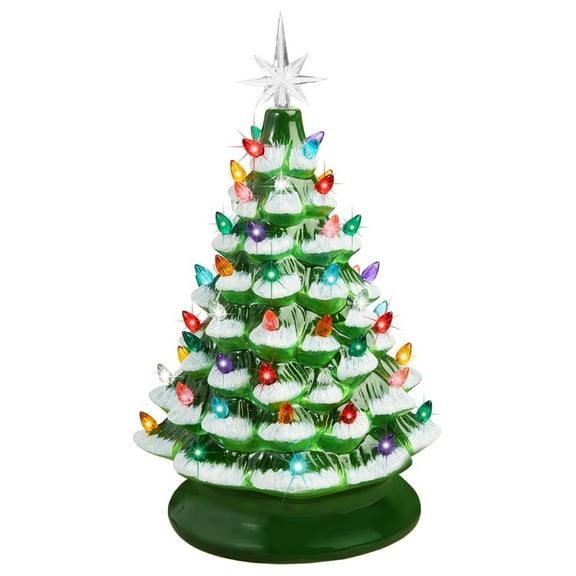 Yunken 15-Inch Flocked Ceramic Christmas Tree, Pre-Lit Hand-Painted Tabletop Holiday Decor with 64 Multicolored Lights and 2 Star Toppers