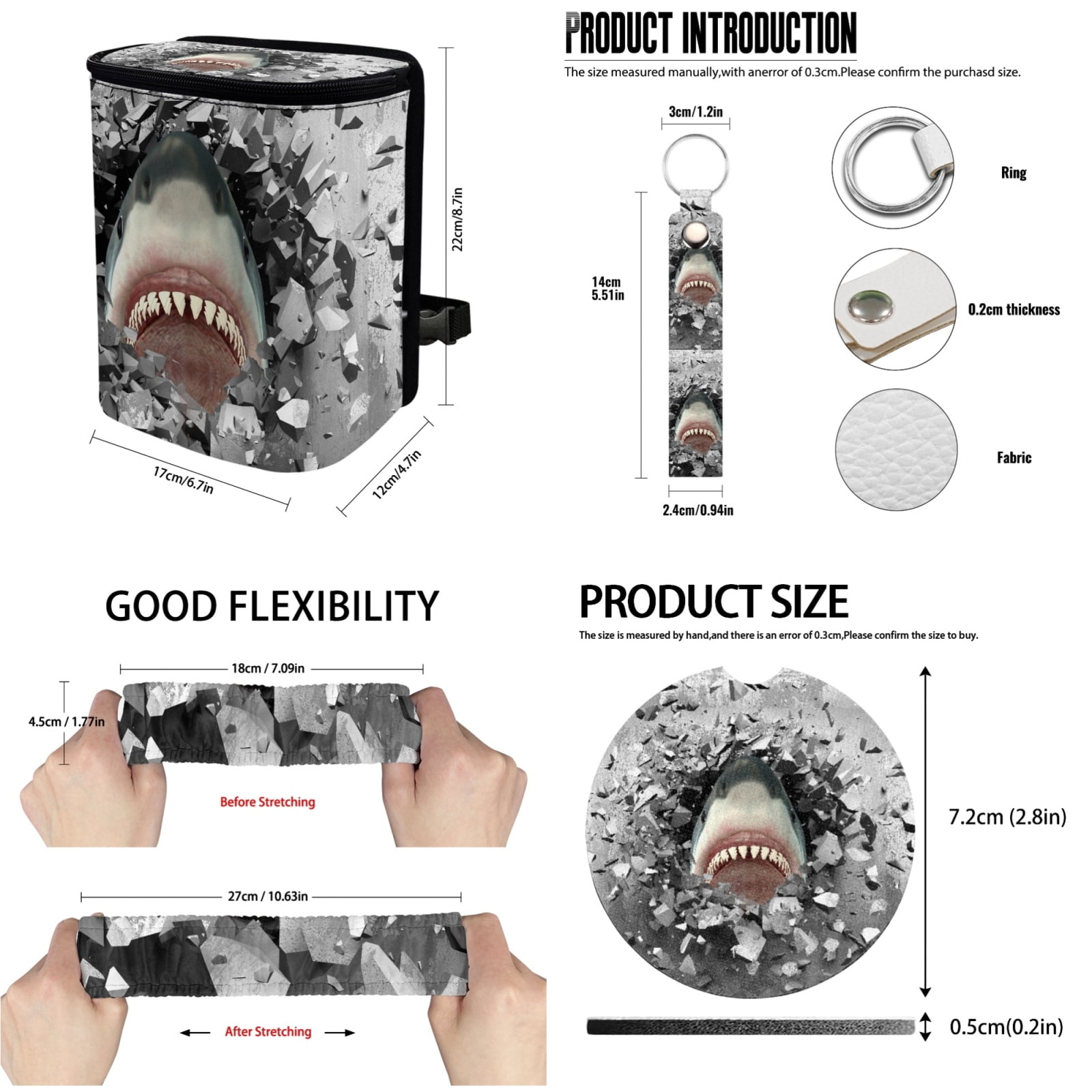 Jeiento 3D Shark Print Car Seat Covers Full Set of 13 Steering Wheel Cover Seat Belt Cover Car Trash Bag Rearview Mirror Cover Keyrings Lipstick Holder Auto Accessory Interior Decor