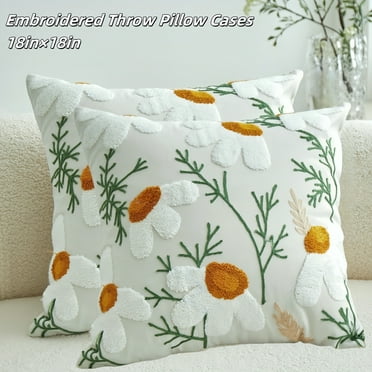 MEHOOM Throw Pillow Covers 18x18 Set of 2 - Boho Floral Embroidered Cotton Linen Square Cases for Couch, Bed, Living Room Decor