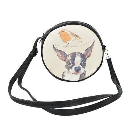 Boston Terrier Purse - Premium PU Leather Boston Terrier Puppy & Bird Round Shoulder Crossbody Bag