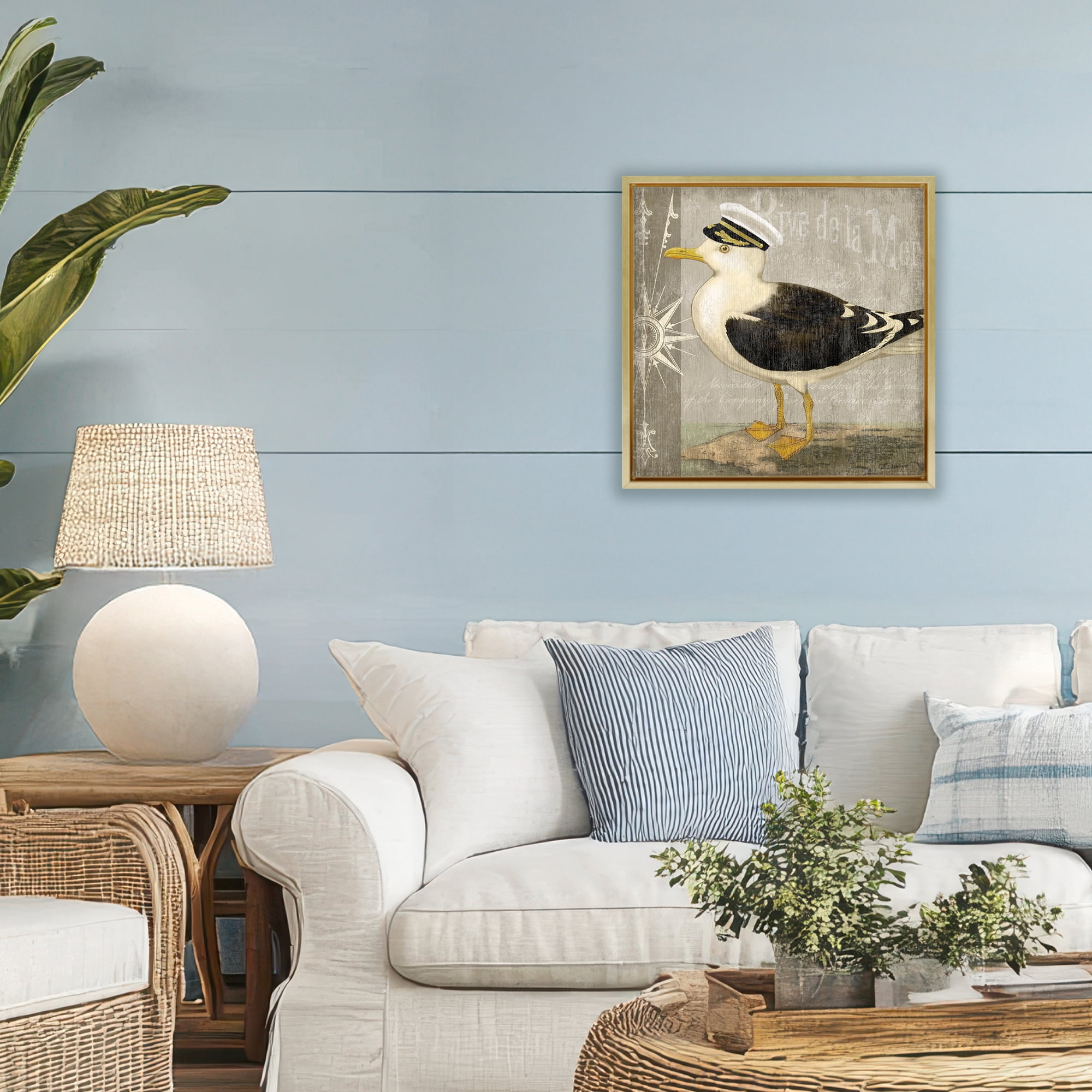 Stupell Industries Little Maritime Seagull Gold Framed Floater Canvas Wall Art, design by Suzanne Nicoll