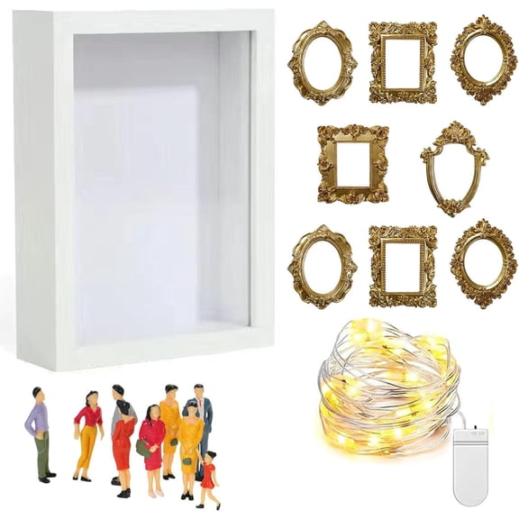 DIY Mini Museum Silhouette Box, Personalized Shadow Box Frame with Gold Mini Frames & Figurines, Creative Memory Display Kit for Anniversary, Wedding, Birthday & Home Decor (White)