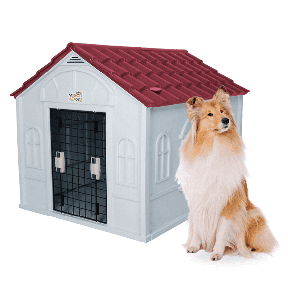 Casa para Perro Grande Exterior con Puerta metálica térmica con ventilación, Resistente a la Intemperie con Techo Triangular para Lluvia, Roja 98x84x82 cm