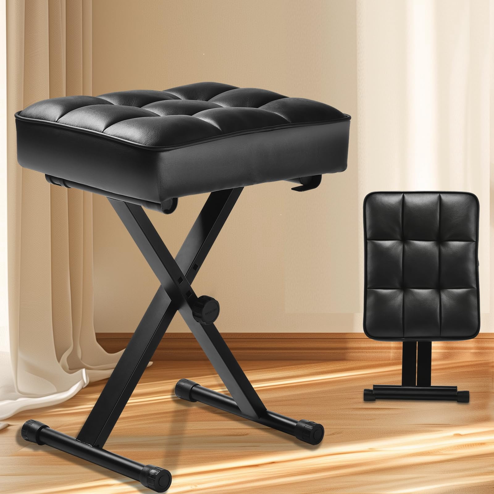 Keyboard Bench Adjustable Piano Stool - Extra Comfortable With High Rebound Sponge Cushion No Deformation Superior Support X-style Portable Foldable Chair  3 Height Adjustment(black)