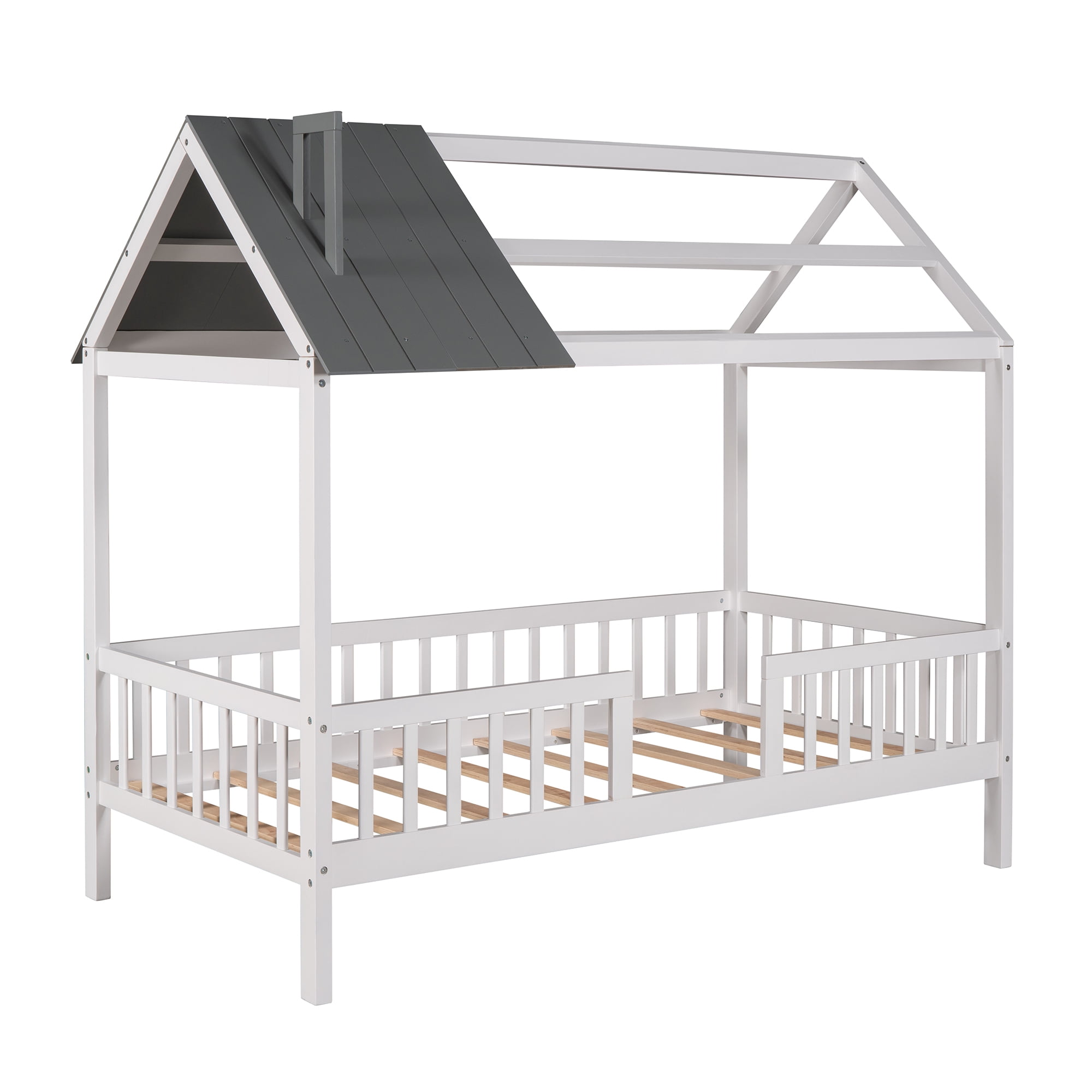 Euroco Twin Size House Platform Bed with Roof and Guardrails Design, White&Gray