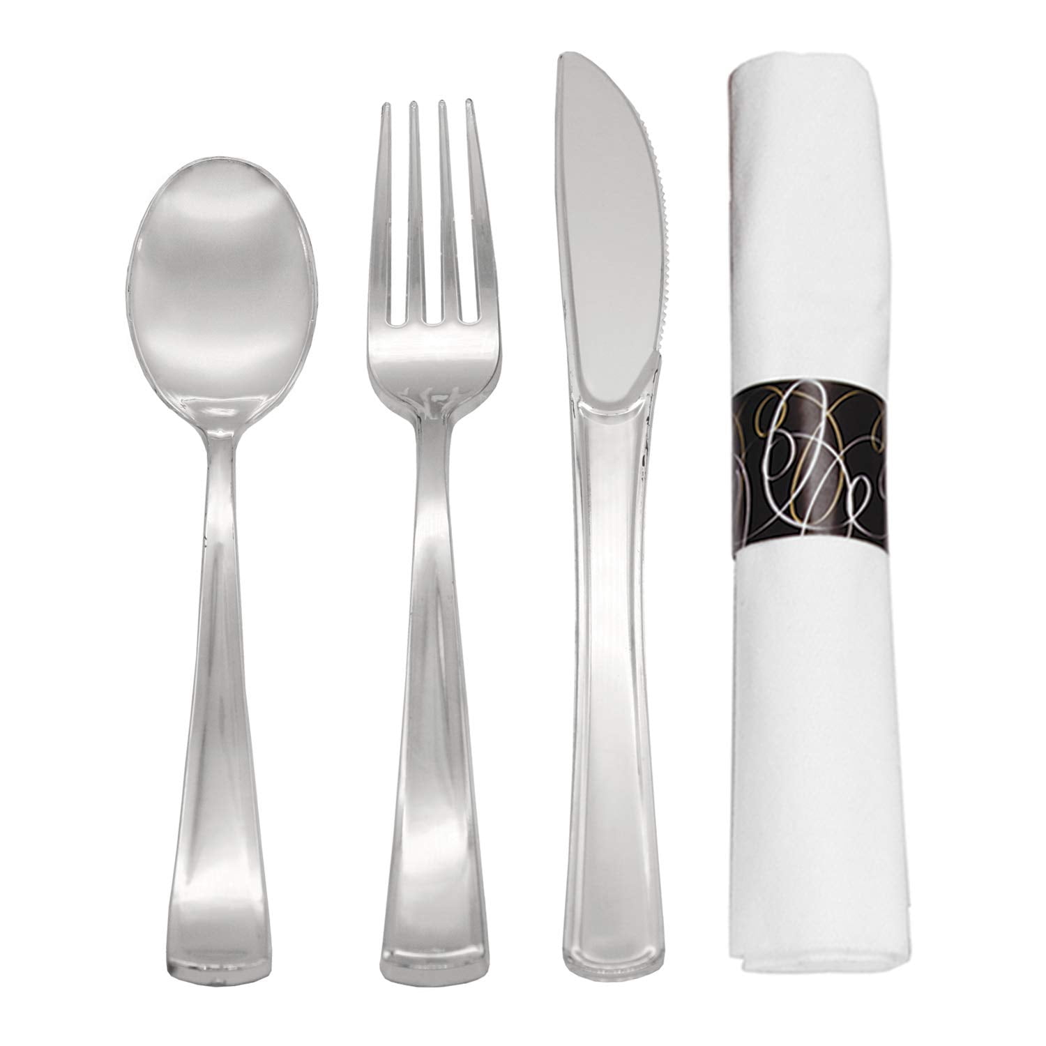 Pre-Rolled Disposable Extra Heavy Duty Plastic Cutlery Kit with Silver ...