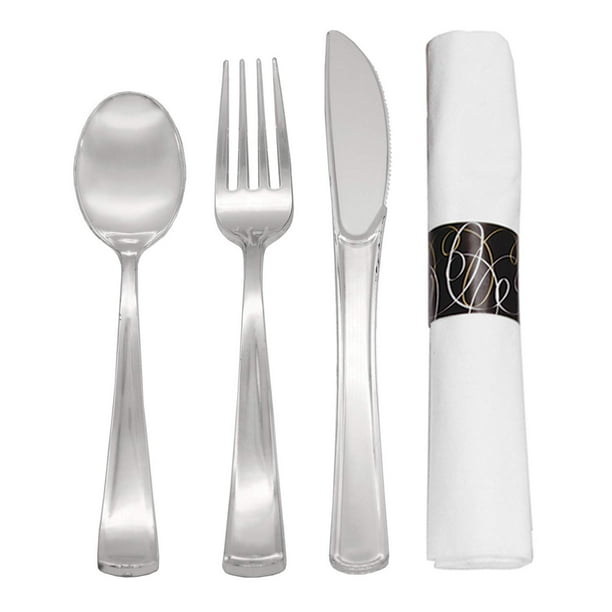 PreRolled Disposable Extra Heavy Duty Plastic Cutlery Kit with Silver