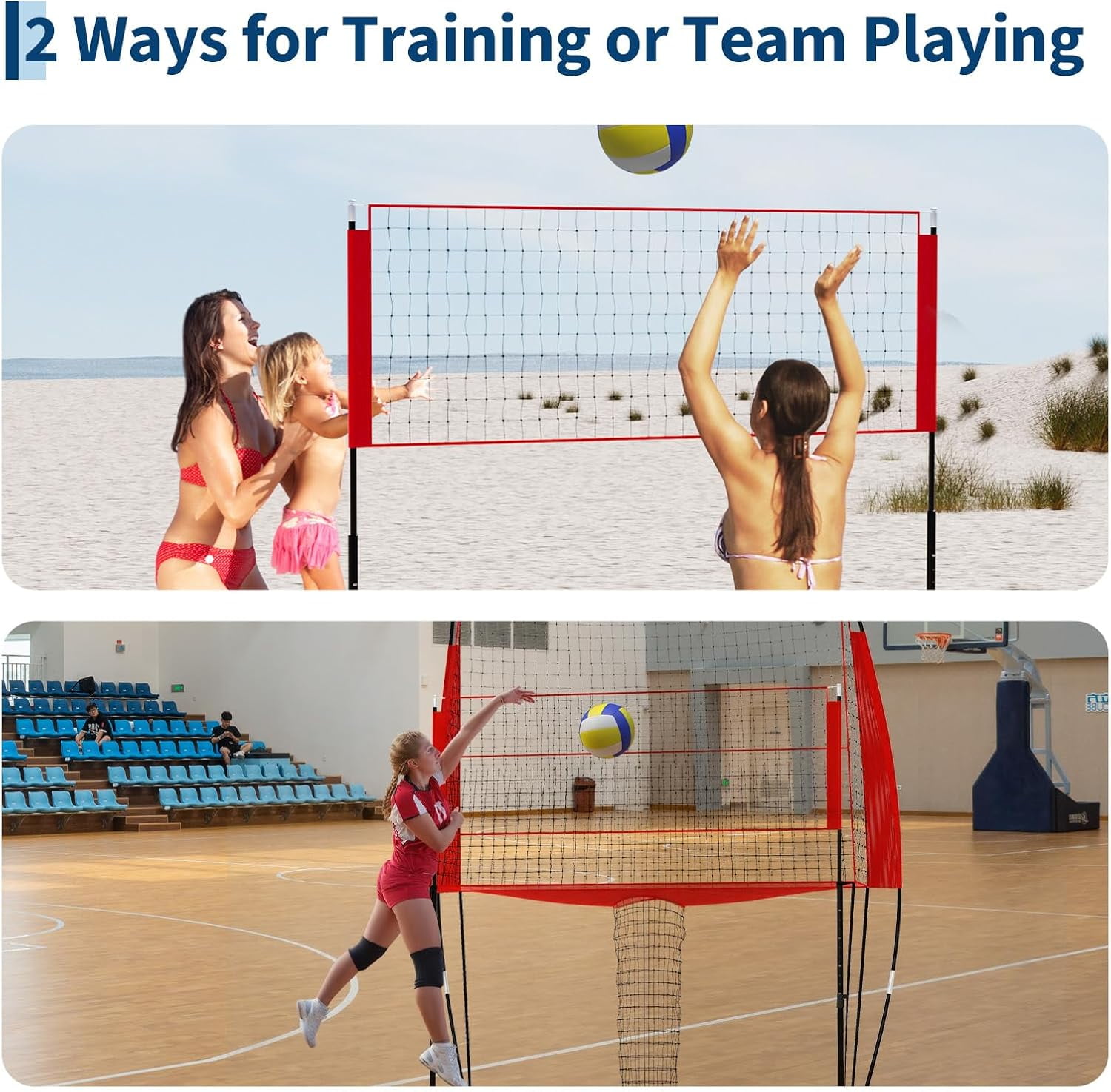 Riedhoff Volleyball Training Net System, Height Adjustable, 8.1 x 11 ft, with Carry Bag, Red