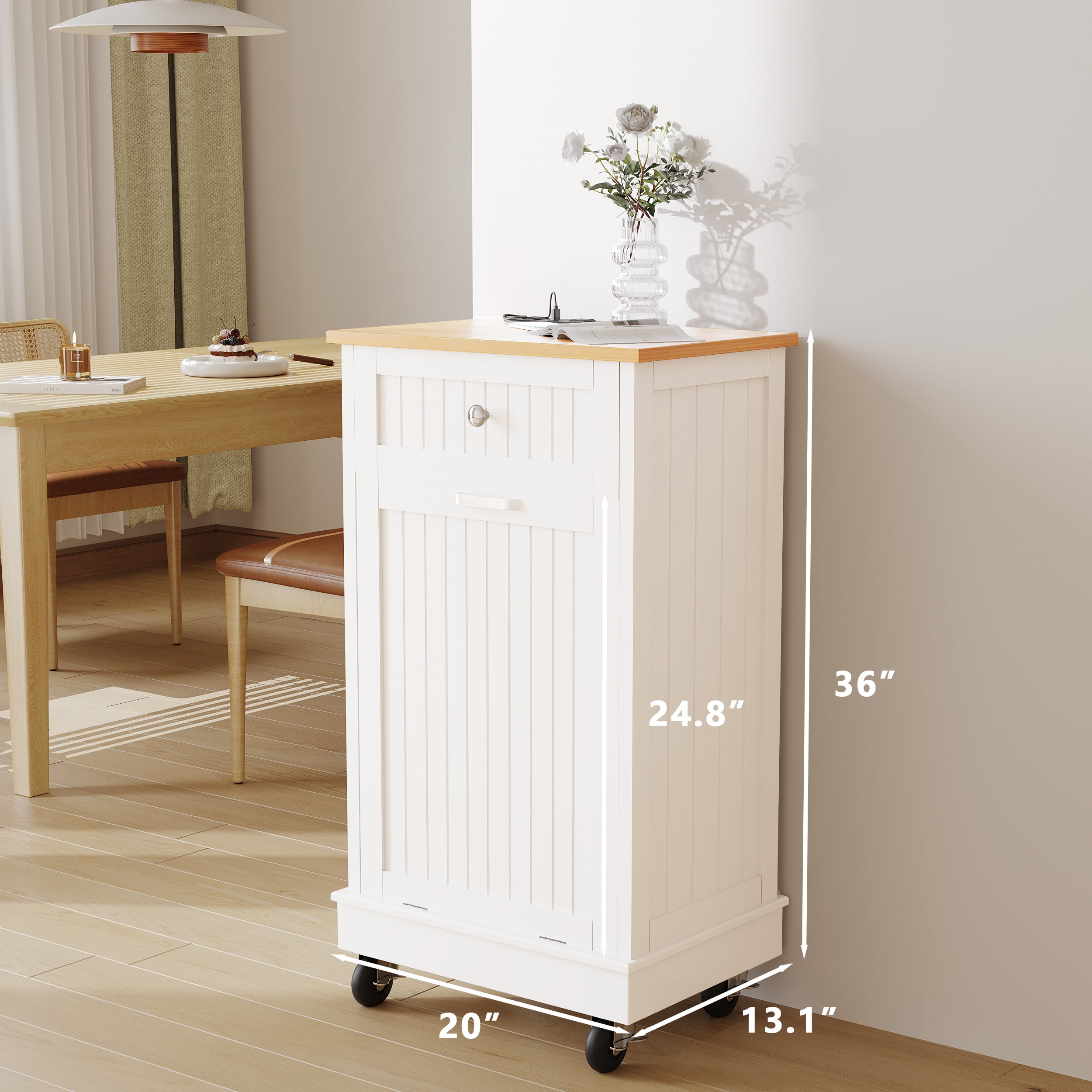 JassmiPkwy Trash Cabinet Tilt-Out,10 Gallon Farmhouse Laundry Hamper Cabinet w/1 Drawers,Hidden Wooden Trash Can Cabinets with Storage Basket for Kitchen-White