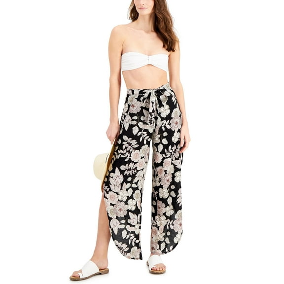 J Valdi BLACK/NATURAL Floral-Print Cover-up Pants , US X-Large