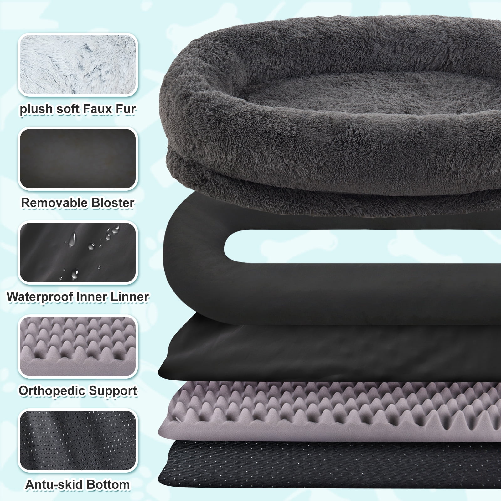 Dokdogs Human Dog Bed for Adults & Pets, 70"x44"x11" Oversized Faux Fur Lounger Bed with Washable Cover, Orthopedic Cushion, Pillow & Blanket, Dark Gray