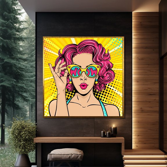 Retro Pop Art Woman - Pink Hair And "Wow" Sunglasses Wall Art, Bright Yellow Background, Vibrant Fashion Illustration, Modern Home UNFRAMED Poster, Wall Art for Decor, Present, 16x24