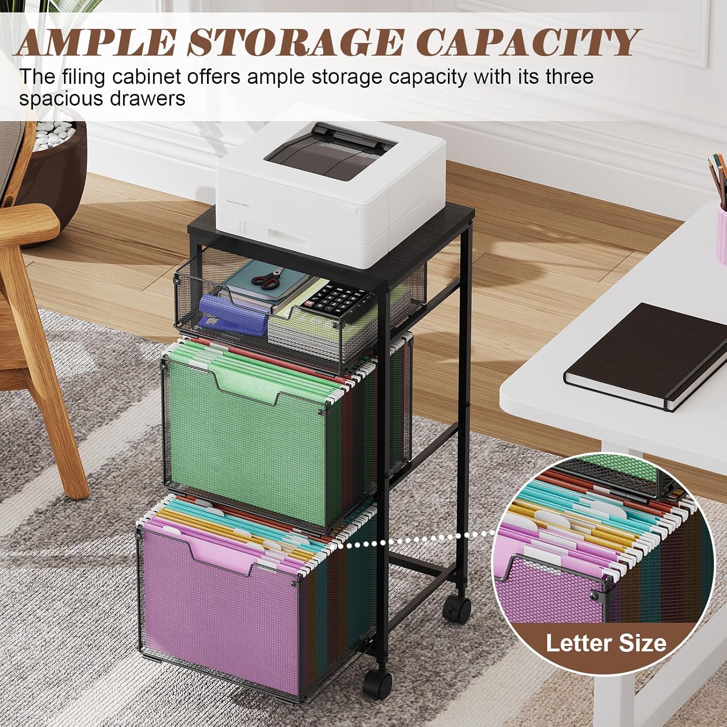 X-COSRACK 3-Drawer Mobile File Cabinet with Mesh Drawers, Wood Top Rolling Printer Stand for Home Office, Letter Size Hanging File Folder Organizer Cart on Lockable Wheels, Black