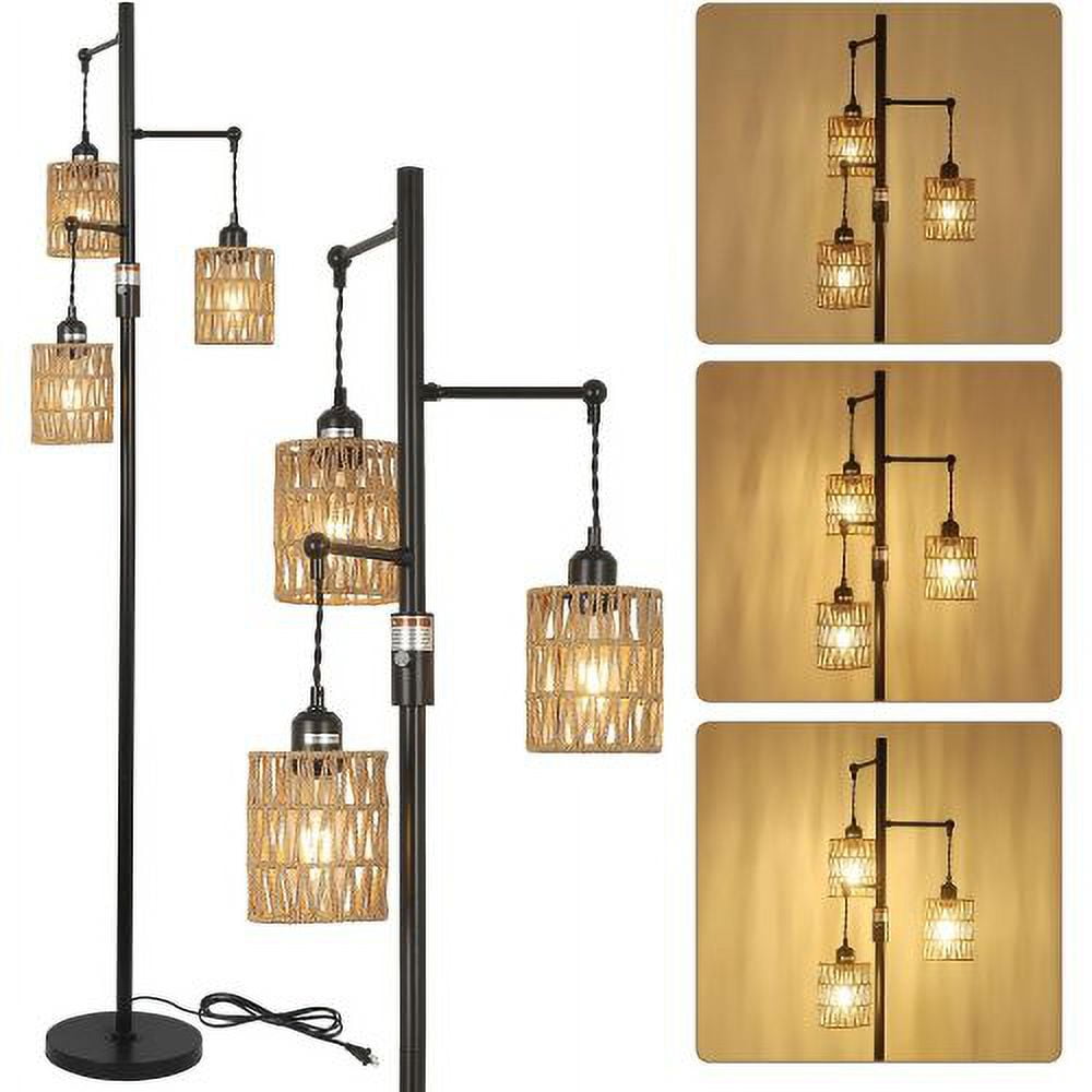 Hi-LIGHTS,65 Inch 3-Lights Boho Dimmable Floor Lamp with Natural Rattan Shade & Reinforced Base(Bulbs Not Included),Farmhouse Tall Floor Lamp for Living Room,Bedroom,Dining room,Office(Black+Brown)