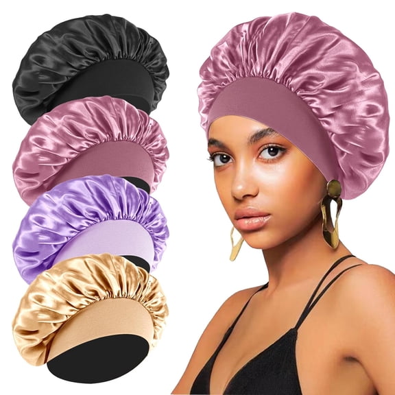 4PCS Silk Satin Bonnets for Black Women & Men - Elastic Wide Band Hair Wrap Cap for Curly Hair - Shower Cap for Sleeping (Black, Peacock Blue, Pink, Khaki)