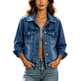 thumbnail image 2 of ClodeEU Women's Button Down Long Sleeve Denim Jacket,Classic Jean Coat with Chest Pockets Dark Blue,Women's Plus M, 2 of 8