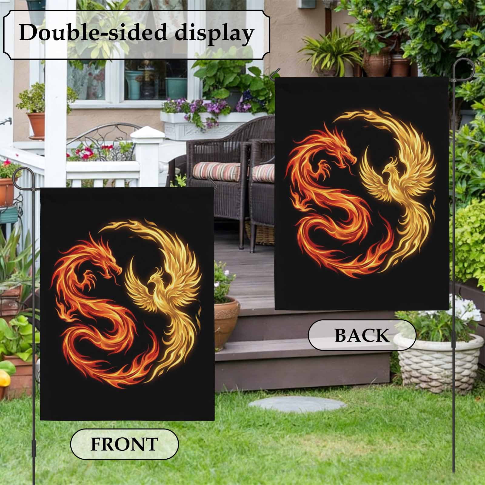 Dragon Phoenix House Flag 28 x 40 Inches, Modern Mythical Mysterious Gold Red Symbolic Black Weather Proof Outdoor Patio Flags Double Sided Small House Decoration for Yard Lawn Outside Home